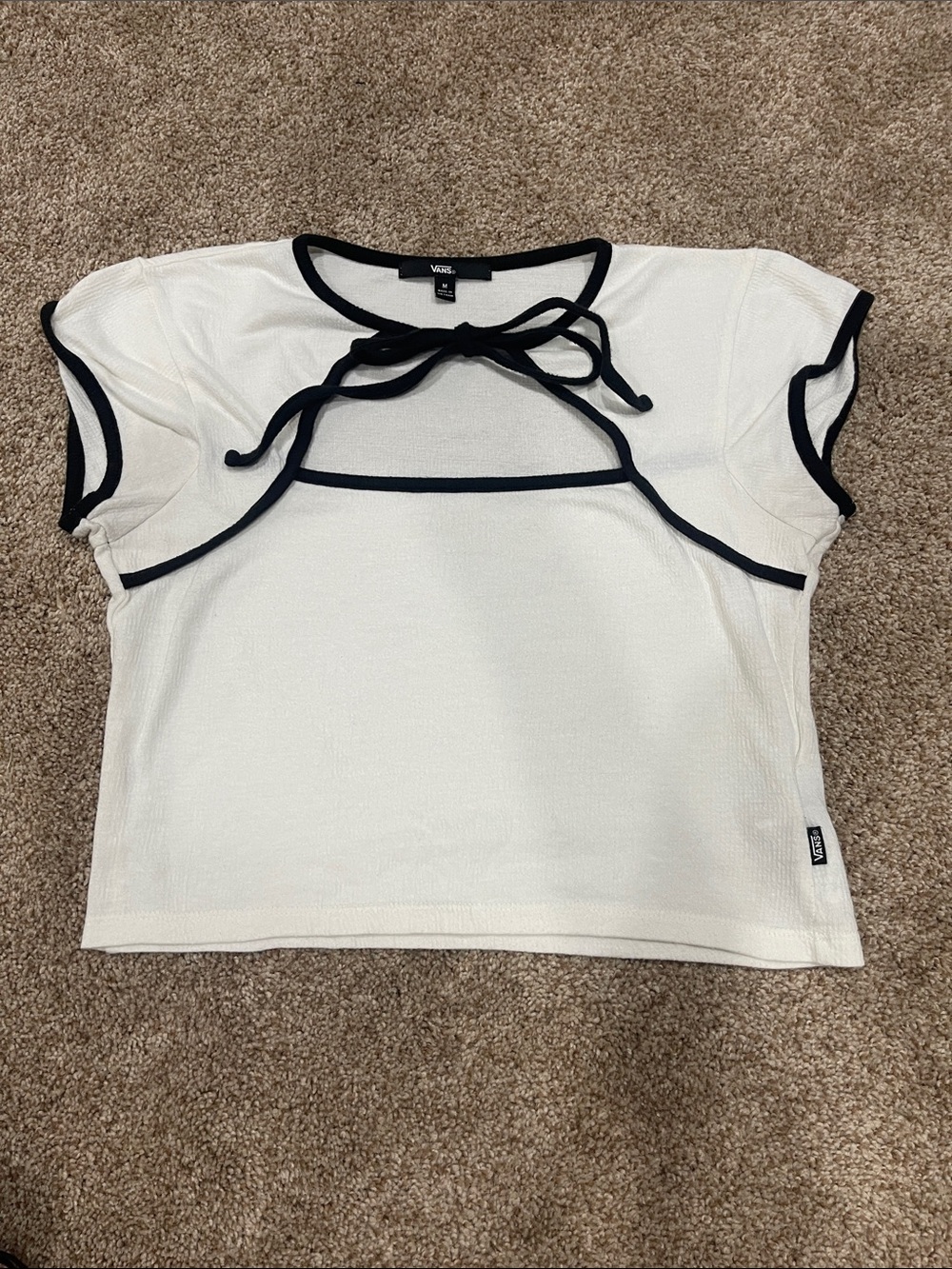 Vans White Short-Sleeve Tie-Neck Top with Black Trim M medium crop